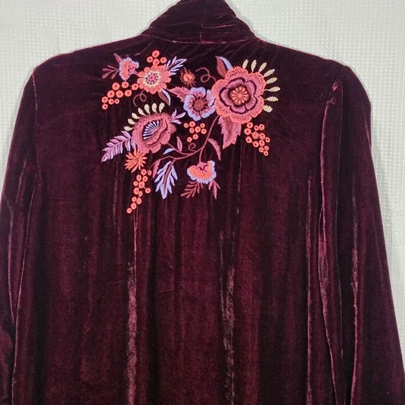 JOHNNY WAS Marcella Velvet Duster Silk Blend Embroidered S Wine - Picture 8 of 10